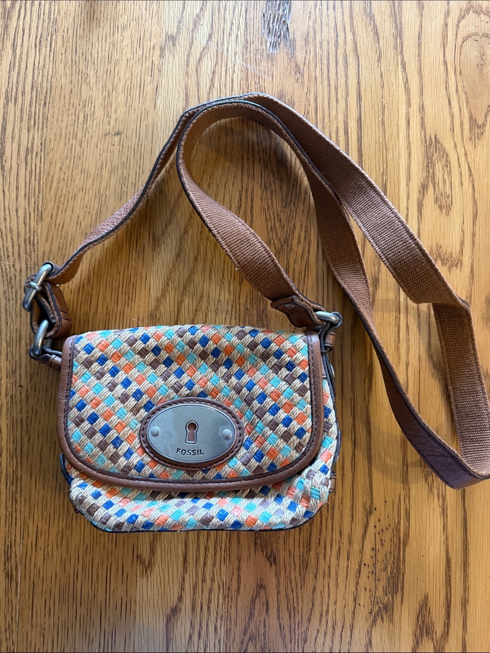 Fossil Multi-Color Woven Crossbody with Brown Strap
